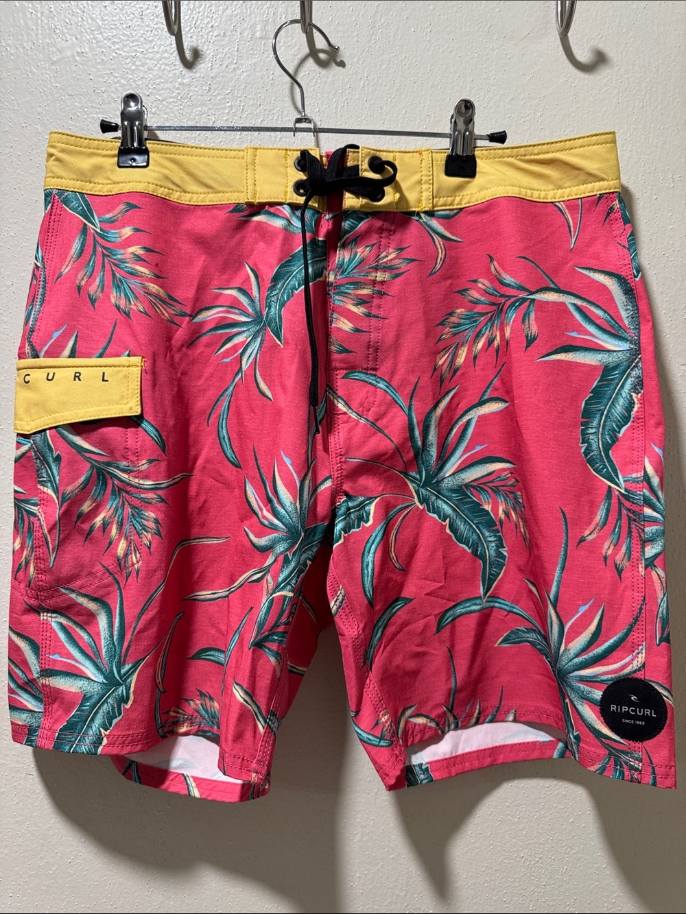 Rip Curl Men’s Pink Tropical Board Shorts with Yellow Waistband